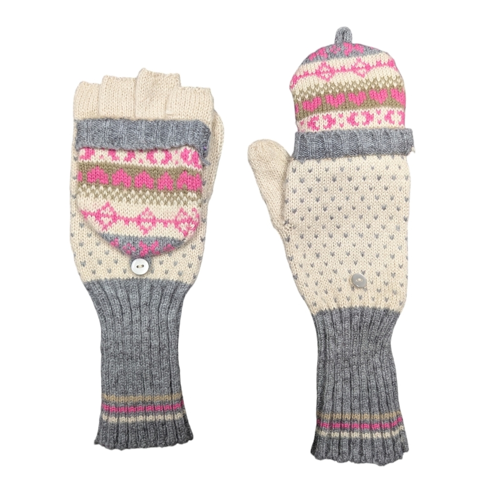 Fingerless gloves with mitten covers Cream, Grey And Pink One Size